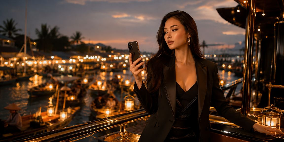Người chơi sử dụng ứng dụng casino trên điện thoại tại bãi biển Mũi Né